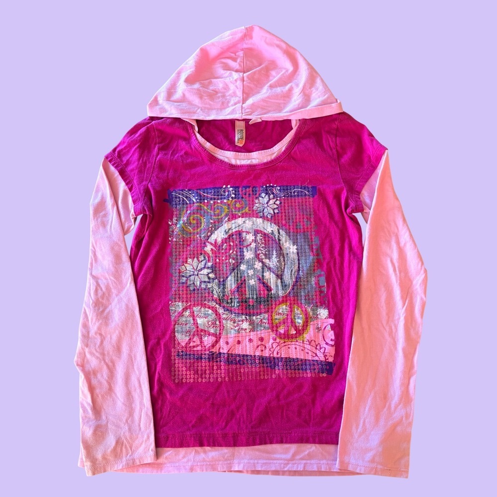 Y2K Route 66 Pink Layered Look Peace Sign Graphic Tee Thumbhole Scene #17